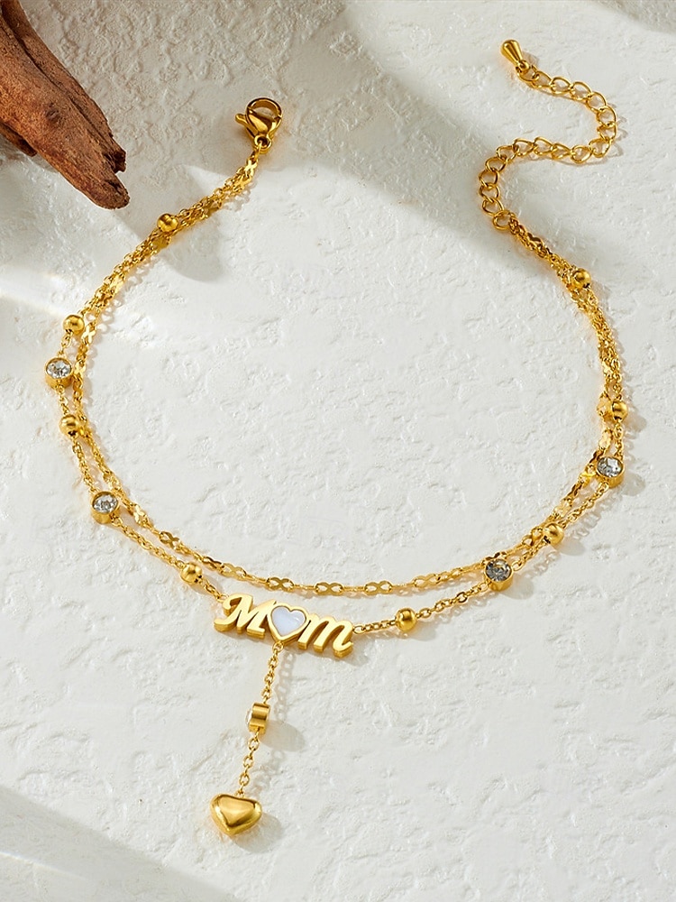 Women's Gold-Tone 'MOM' Heart Charm Anklet – Double-Layer Crystal Chain Design for Mothers, Elegant Beach Jewelry, Perfect Mother's Day Gift 2025 - $11.99 –P3