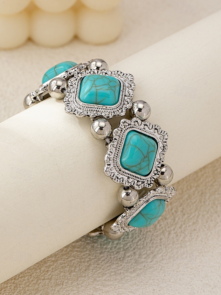 Women's Vintage Boho Turquoise Stone Bracelet – Retro Style Elastic Beaded Cuff Jewelry for Casual Wear, Festivals and Gifts 2025 - $11.99 –P4