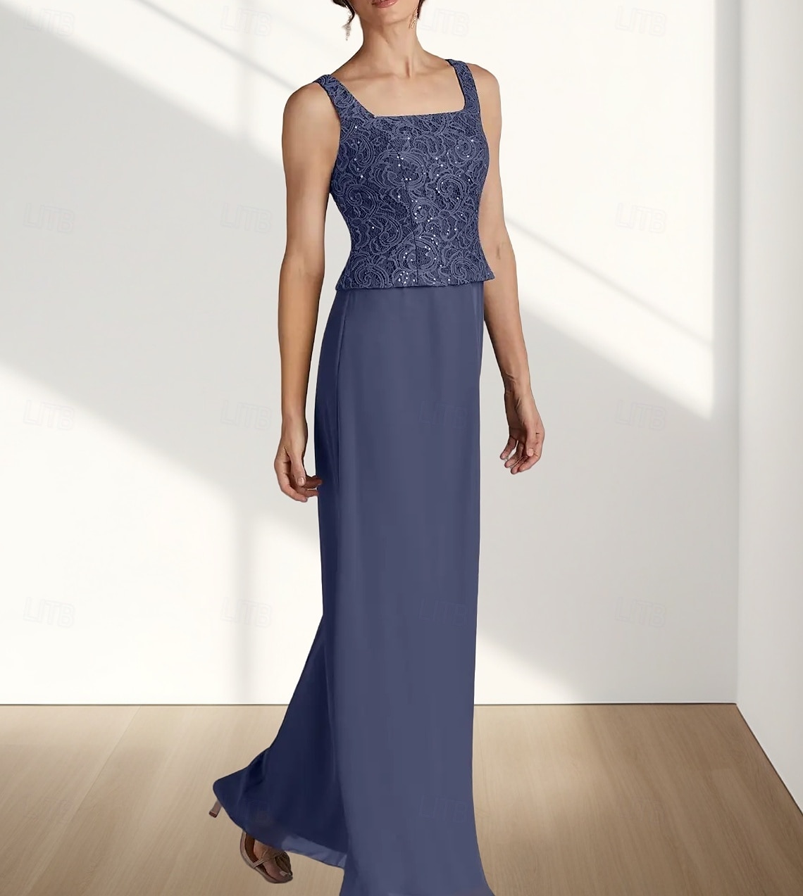 Due Pezzi Linea ad A Abito da cerimonia per signora Ospite di nozze Elegante Collo quadrato Lunghezza al pavimento Chiffon Pizzo Manica 3/4 con Pizzo 2025 del 2025 a $188.99 –P4