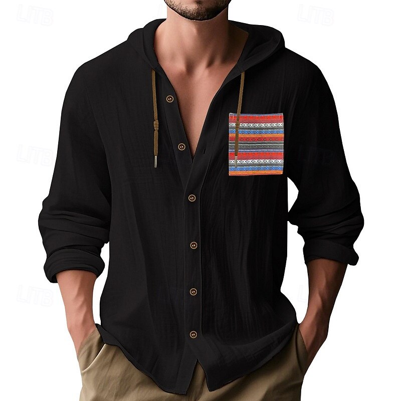 Men's Shirt Linen Shirt Summer Shirt Beach Shirt Button Up Shirt Hooded Shirt Plain Vacation Daily Wear Black White Sky Blue Khaki Long Sleeve Hooded Summer Clothing Apparel Patchwork 2025 - $22.99 –P7
