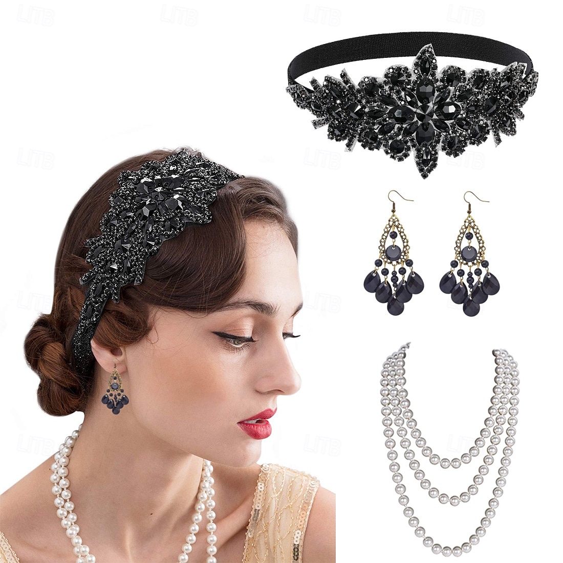 1920-as évek A nagy Gatsby Flapper fejpánt Gyöngyös karkötő Fülbevaló A nagy Gatsby Toll Retro Csillogó glitter Kristály / Strassz Női Farsang Valentin nap Álarcos mulatság Party estélyi viselet 2025 - $21.99 –P1