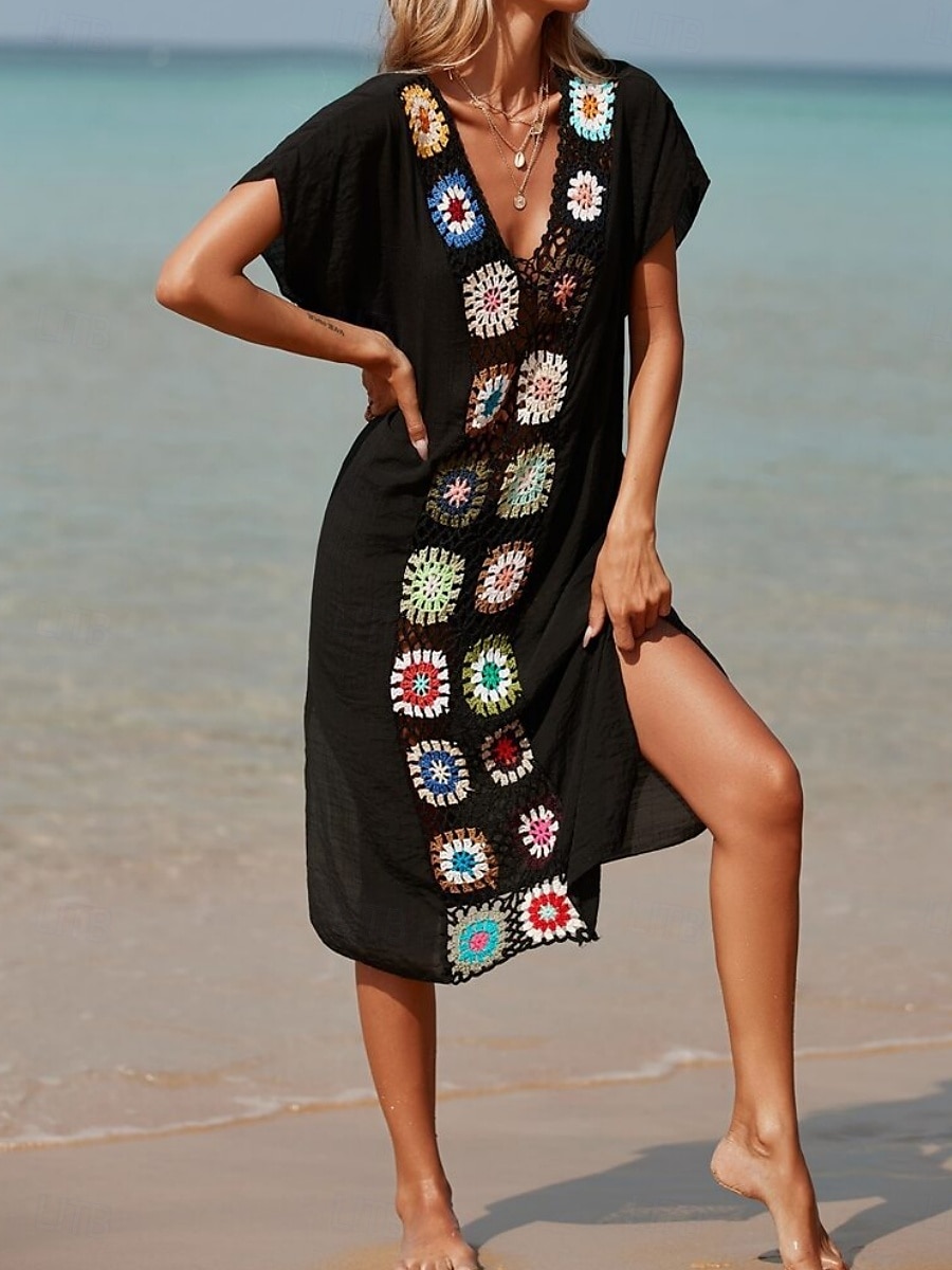 Maillots de Bain Femme Couverture Robe de Bain Maillot Patchwork Vacances Plage Tenue Couleur Unie Col en V Manches Courtes Maillots de Bain de 2025 ? $22.99 –P9