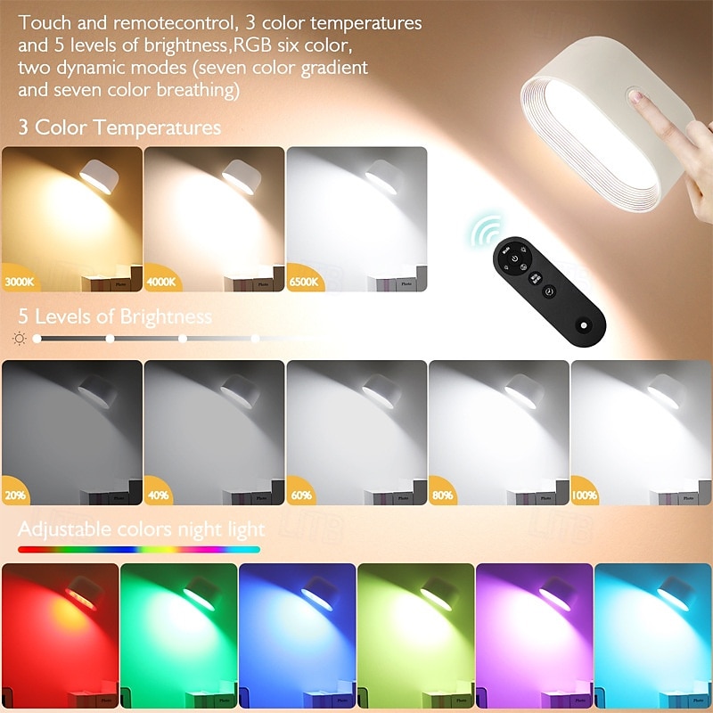 2025年 壁掛けライト 1個 磁気タッチ RGB 調光 USB充電 リモコンコントロール 360度回転 ベッドサイド 壁画 階段 読書灯 コレクション – $31.99 –P14