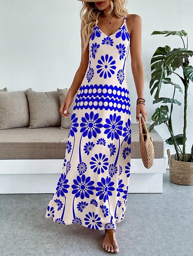 Női Maxiruha A vonalú ruha Slip ruha Szabadság Alkalmi Boho Parti Alkalmi Standard Virágos Grafika Ujjatlan V-alakú Narancssárga piros Fekete Medence Lóhere Nyár Tavasz 2025 - $31.99 –P13