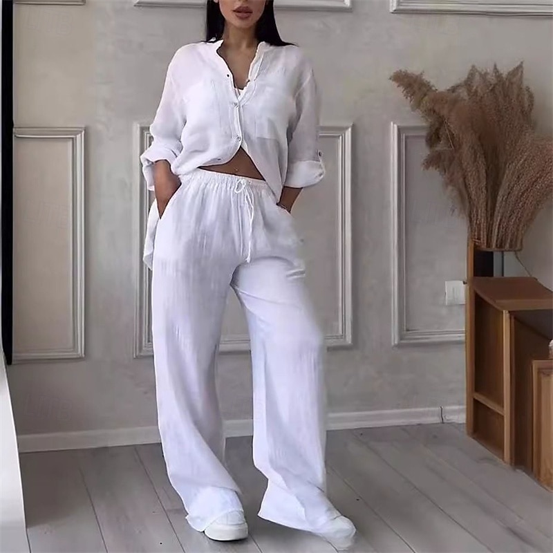 Women's Fashion Streetwear Cotton Linen Sets Two Piece Sets Pants Sets Long Sleeve Stand Collar Plain Daily Wear Date White Yellow Pink Summer Regular Fit 2025 - $36.99 –P1