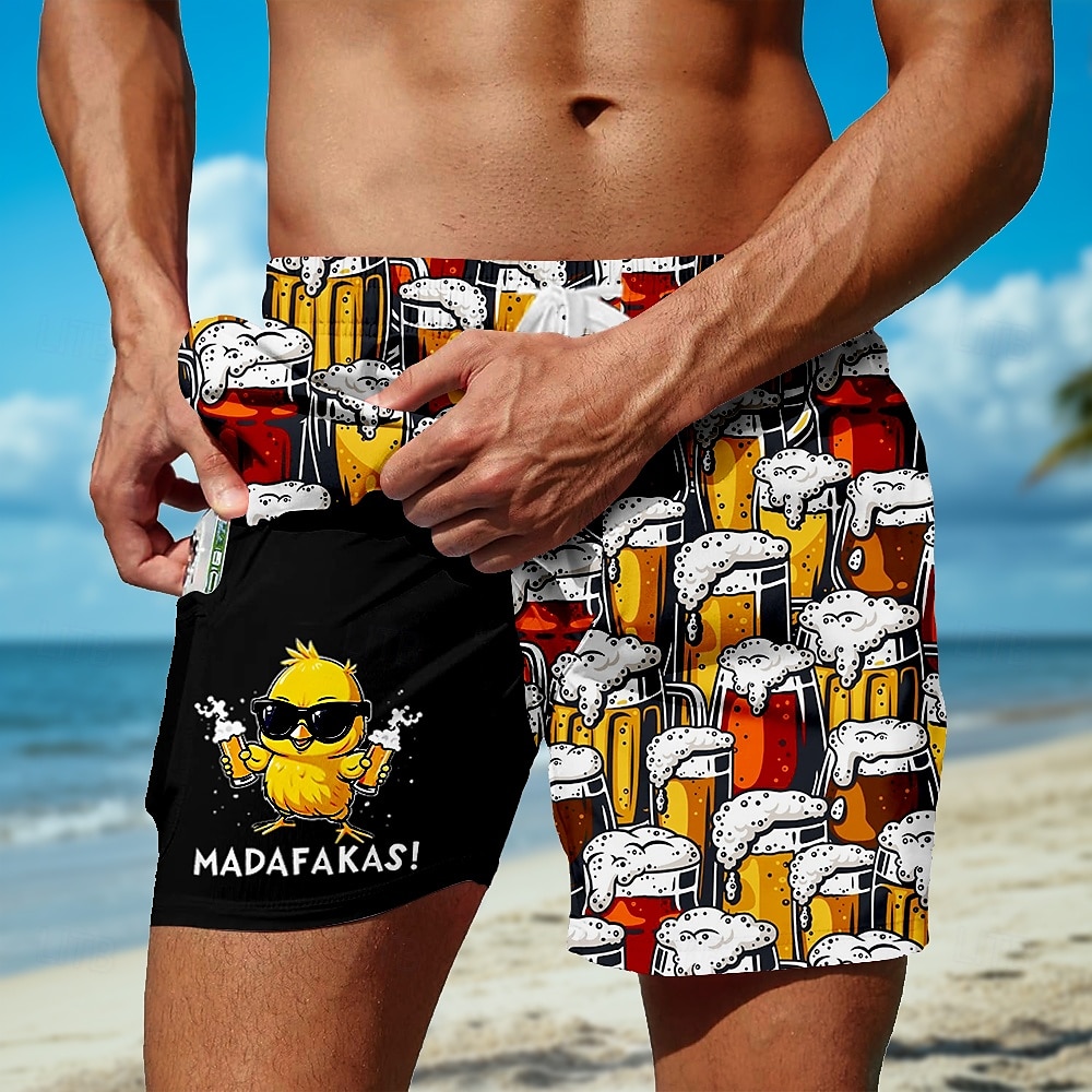 Men's Funny Oktoberfest Beer Duck Lined Shorts 2 in 1 Board Shorts Swim Shorts Mid Waist Hawaiian Holiday Beach Wear Side Pockets With Compression Liner Elastic Drawstring Waist Designer Clothing 2025 - $21.99 –P1