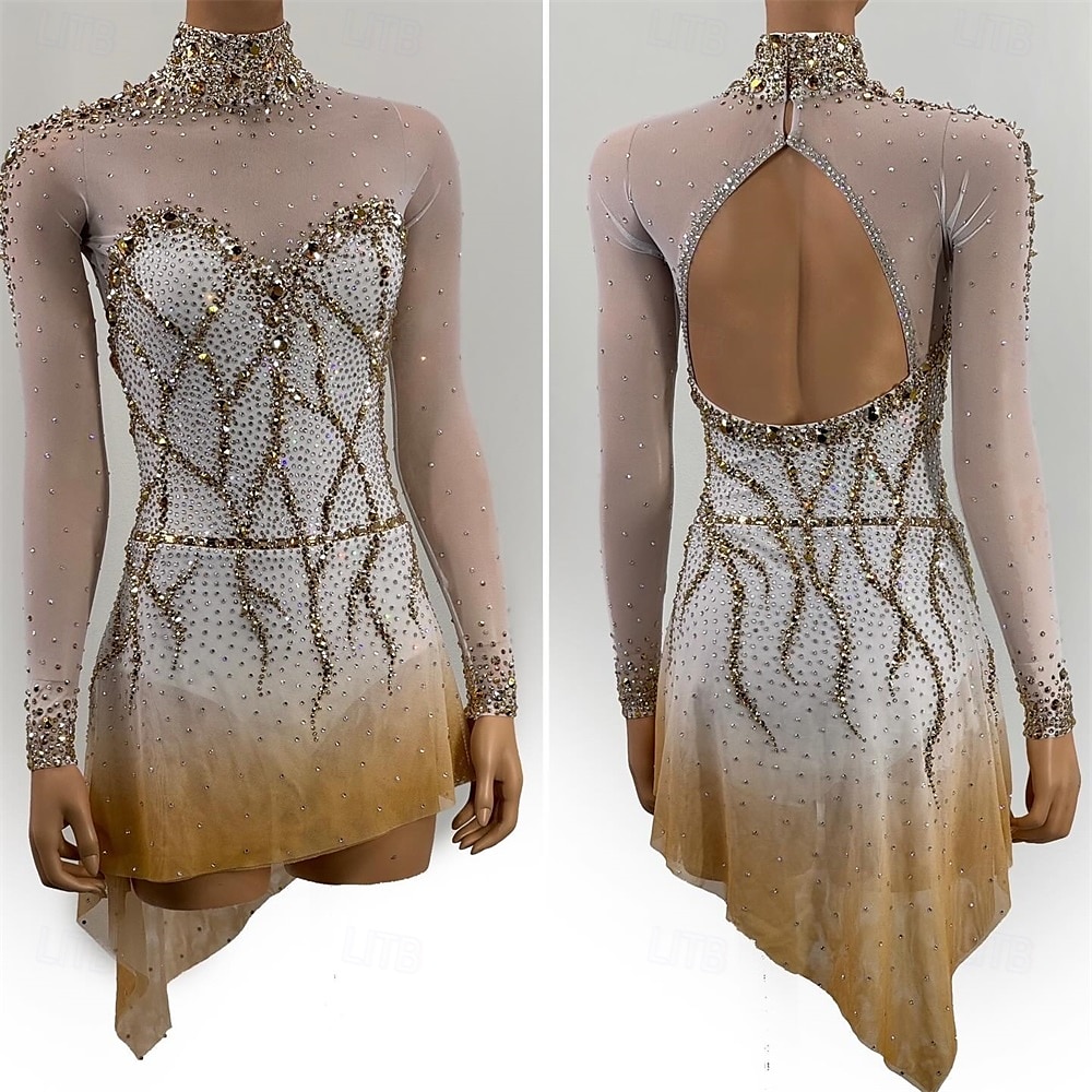Kunstschaatsjurk Dames Voor meisjes Schaatsen Jurken Goud Lapwerk Open achterkant Netstof Hoge Elasticiteit Opleiding Wedstrijd Kunstschaatskleding Klassiek Kristal / Bergkristal Lange mouw Schaatsen 2025 - $262.79 –P1