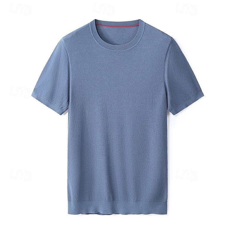męska jedwabna bawełniana mieszanka lyocellu t-shirt krótki rękaw okrągły dekolt lato gładki żakard elegancki klasyczny okrągły dekolt minimalistyczny wakacje dom bawełna czarny niebieski granatowy top koszulka męska 2025 - $46.99 –P2