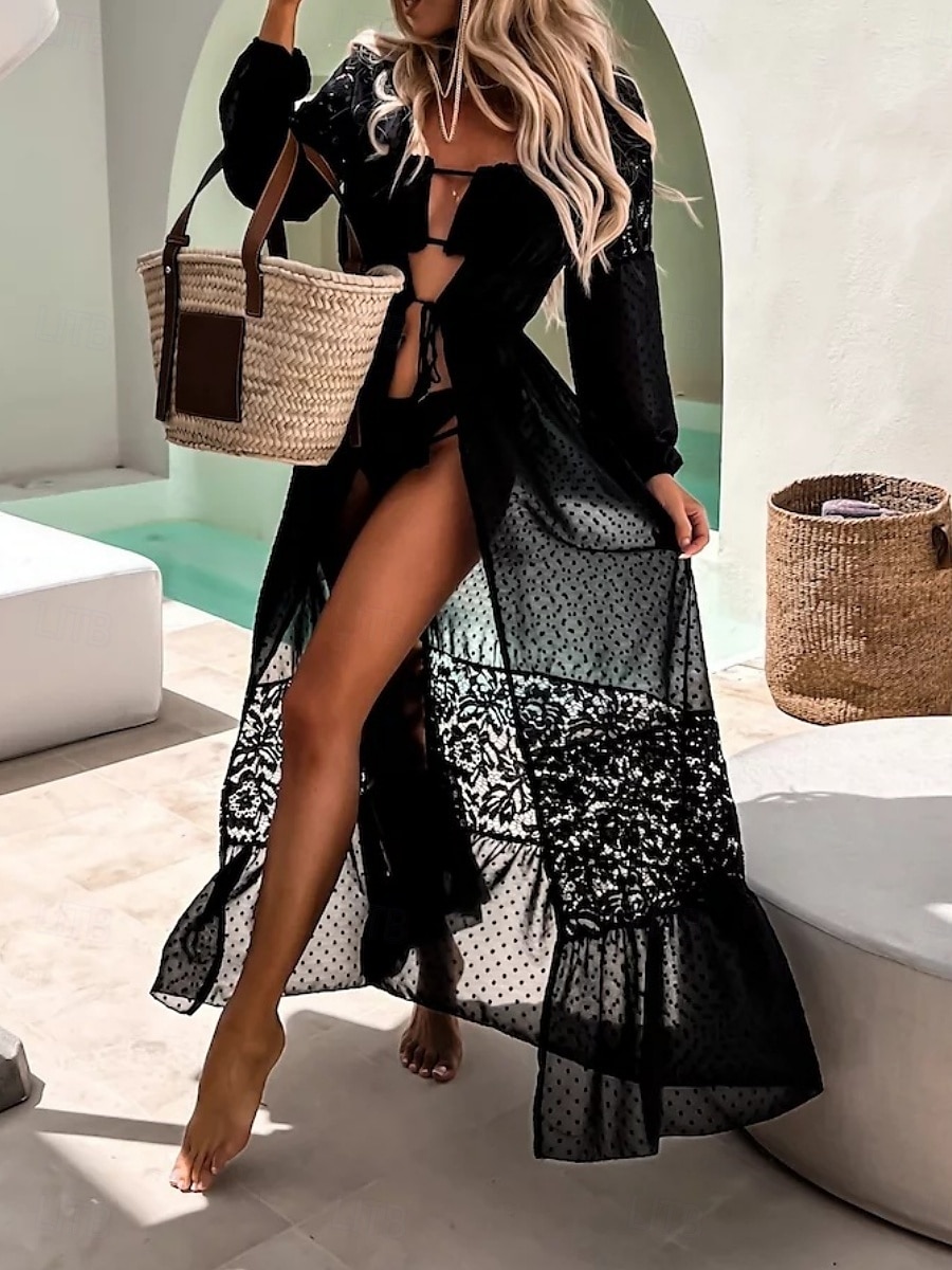 Costumi da bagno da donna coprente costume da bagno pizzo patchwork vacanza spiaggia indossare colore solido scollatura a V maniche lunghe costumi da bagno del 2025 a $32.99 –P5