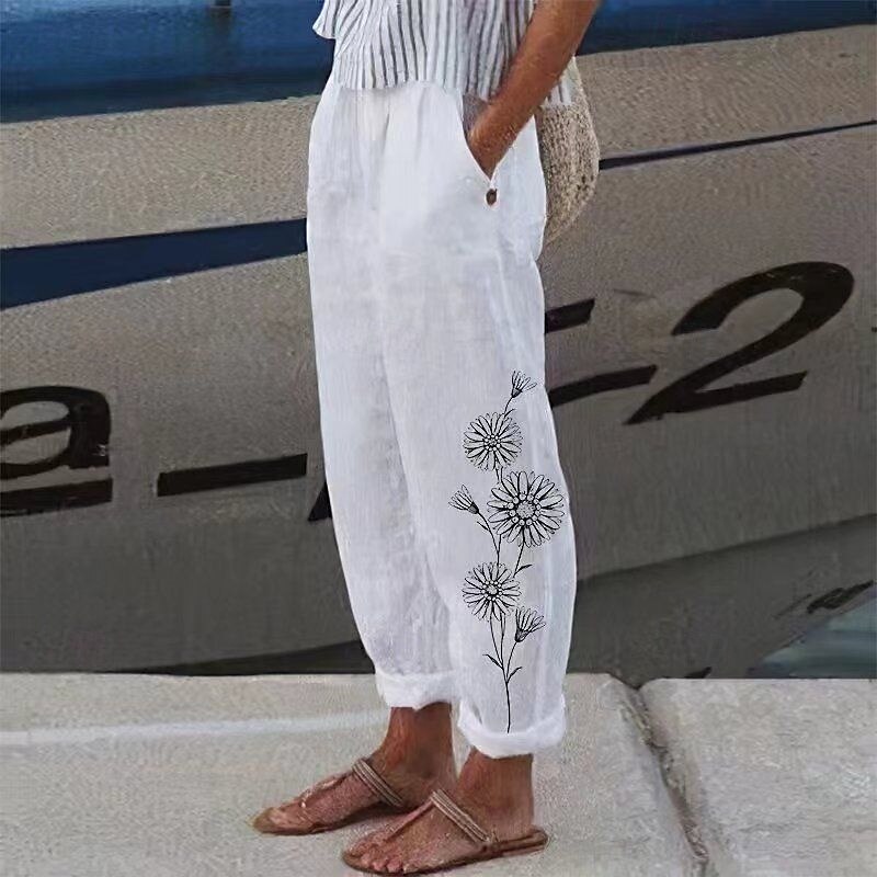 Women's Cotton Linen Pants Palazzo Pants Fashion Streetwear Comfort Ankle-Length Mid Waist Flower / Floral Pocket Elastic Waist Comfy Outdoor Comfortable Street Daily Wear Going out Cold White White 2025 - $27.99 –P9