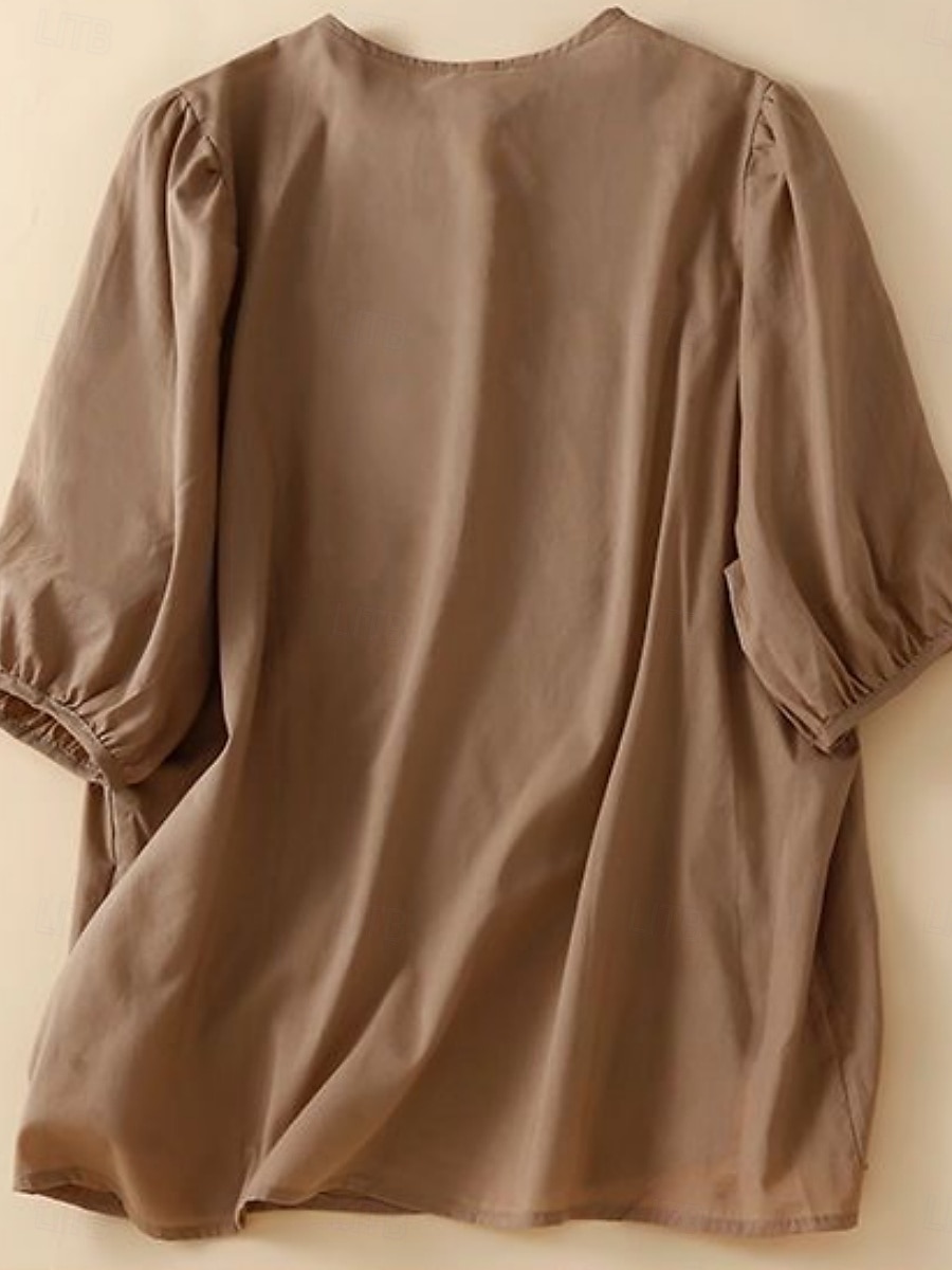 Dames Overhemd Bloemig Basic Casual Halve mouw Strakke ronde hals Normale tops Dagelijks Met ruches Geborduurd Knop Wit Geel blauw Khaki Zomer 2025 - $17.99 –P4
