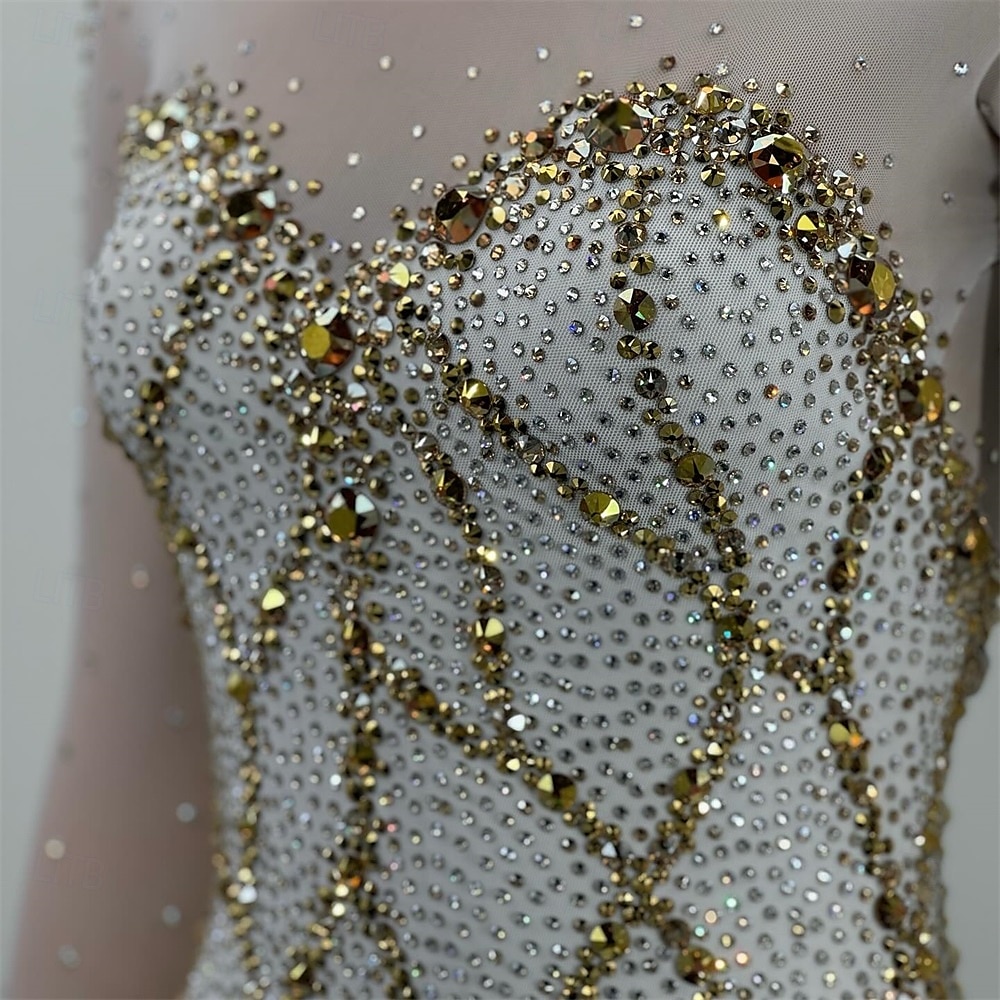 Kunstschaatsjurk Dames Voor meisjes Schaatsen Jurken Goud Lapwerk Open achterkant Netstof Hoge Elasticiteit Opleiding Wedstrijd Kunstschaatskleding Klassiek Kristal / Bergkristal Lange mouw Schaatsen 2025 - $262.79 –P3