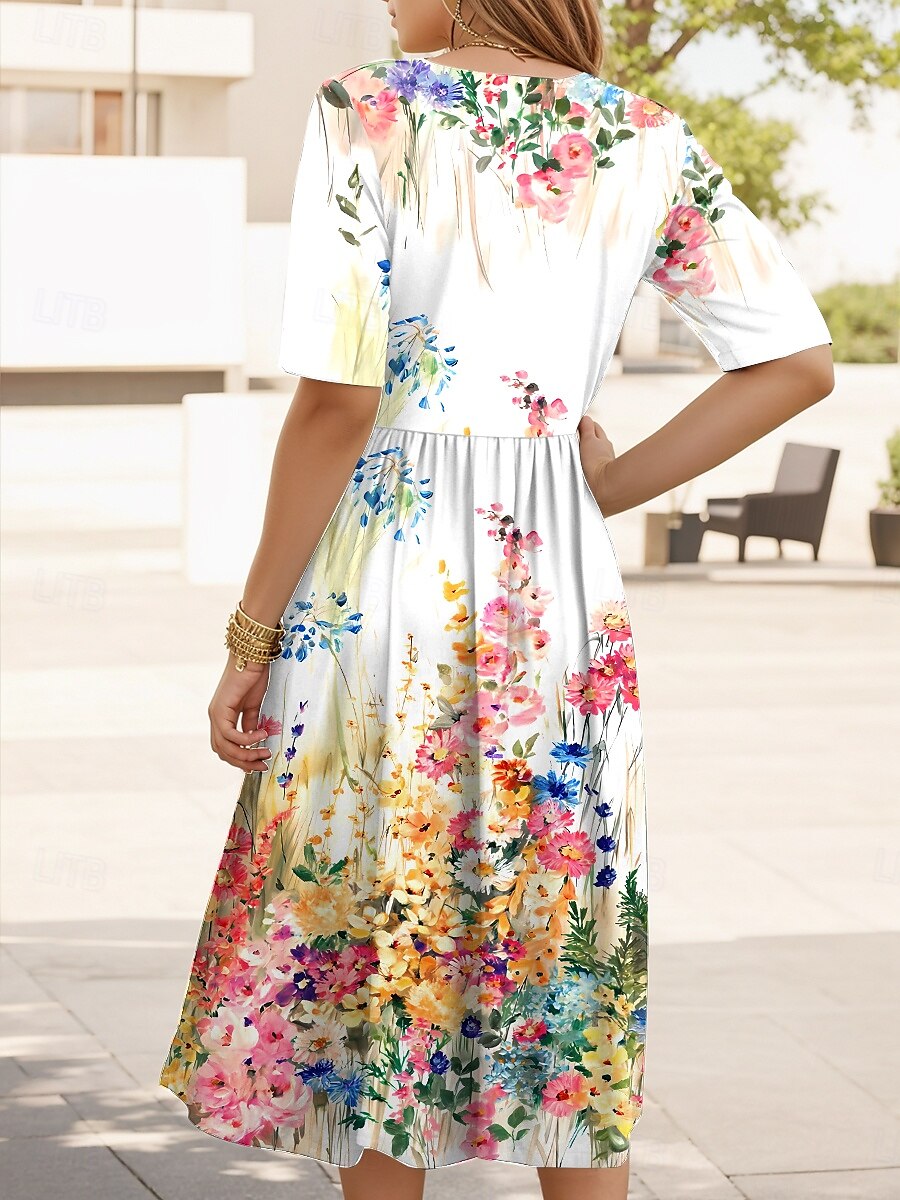 Women's Midi Dress Sundress Summer Dress Vacation Casual Beach Daily Holiday Regular Fit Floral Graphic Half Sleeve Crew Neck White Summer 2025 - $31.99 –P2