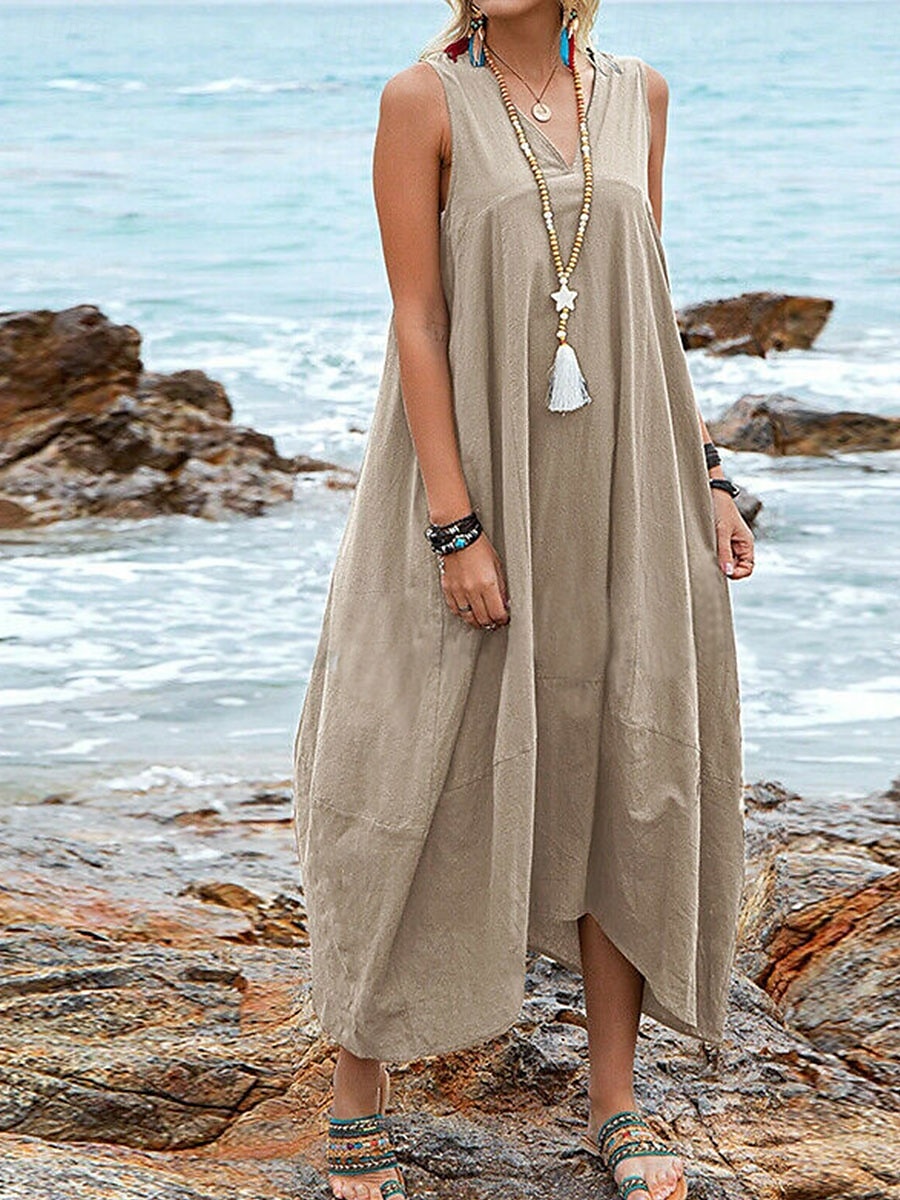 Per donna Abito Midi Abito in cotone e lino Essenziale Casual Vacanza Quotidiano Vestibilità regolare Semplice Senza Maniche Scollo a V Nero Vino Cachi Estate del 2025 a $32.99 –P3