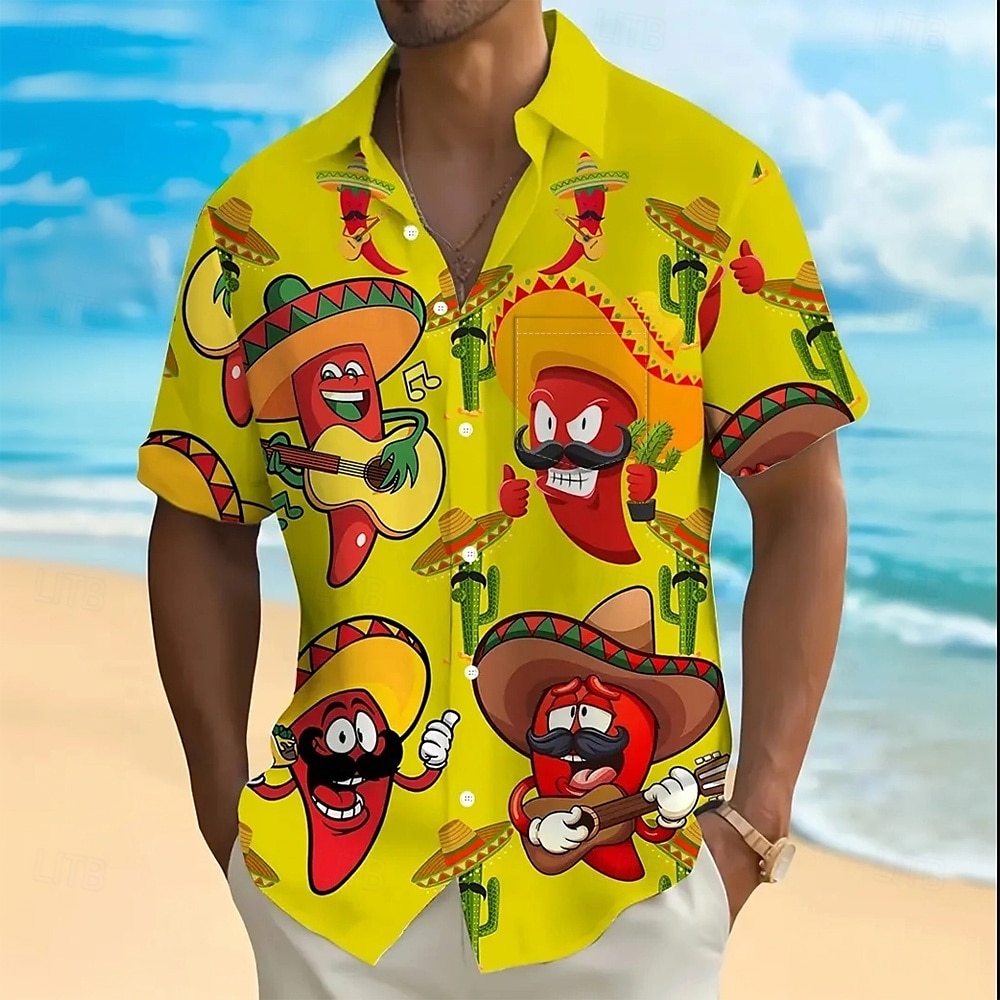 Men's Cactus Funny Pepper Shirt Summer Hawaiian Shirt Button Up Shirt Short Sleeve Hawaiian Vacation Holiday Beach Wear Summer Spring Turndown 3D Print Collared Shirts Front One Pocket Yellow 2025 - $23.99 –P1