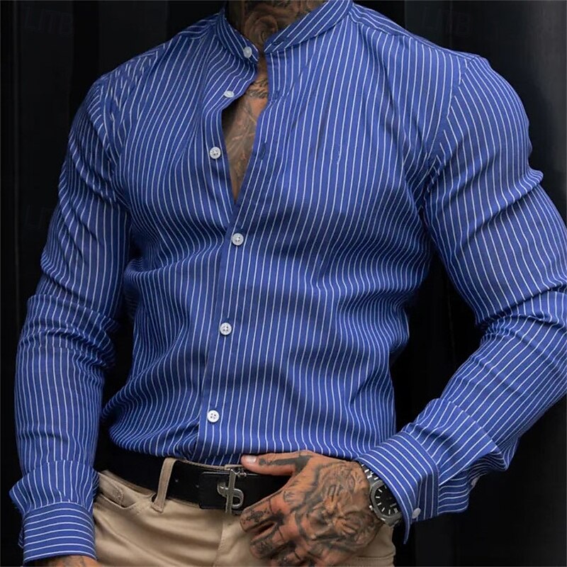 Men's Casual Shirt Beach Shirt Button Up Shirt Deep Blue Light Blue Long Sleeve Stripes Grandad Collar Lapel Vacation Hawaiian Button-Down Clothing Apparel Polyester Fashion Casual Comfortable 2025 - $36.99 –P1