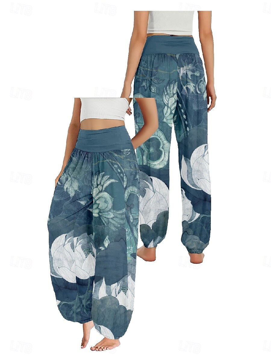 Mulheres Calças inspiradas em linho Perna larga Calças Estilo Étnico Casual Boho Comprimento total Cintura Alta Floral Bolsos Cintura elástica Estampado Respirabilidade Macio Micro-Elástica Ao ar de 2025 por $21.99 –P6