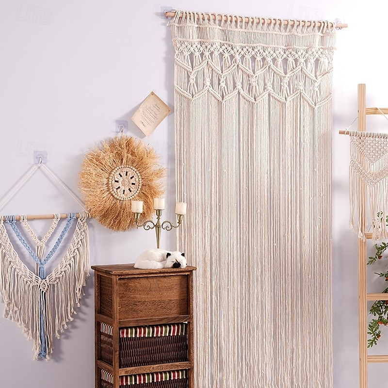 Boho makramé gyöngyös függöny kézzel készült ajtó string függöny ajtókhoz és ablakokhoz pamut bojtok gyöngyök akasztva hippiként elválasztó folyosón szekrényben hálószobai nappali dekoráció 79" L x 2025 - $50.99 –P4