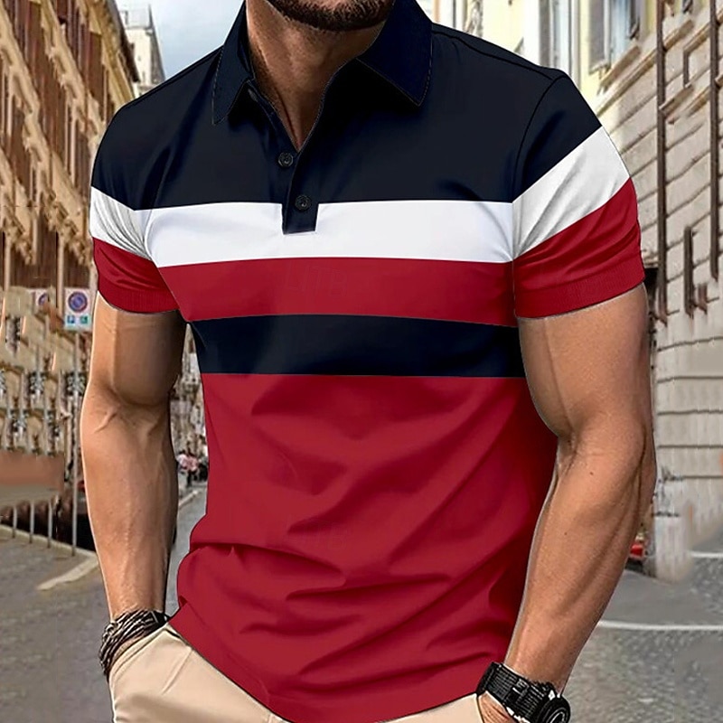 Multipack 3 par Herr Kavajslag Kort ärm Grå + röd + blå Knapp upp Polos Golftröja Golf pikétröjor Lappverk Färgblock Semester Dagliga kläder Polyester Sommar 2025 - $35.99 –P6