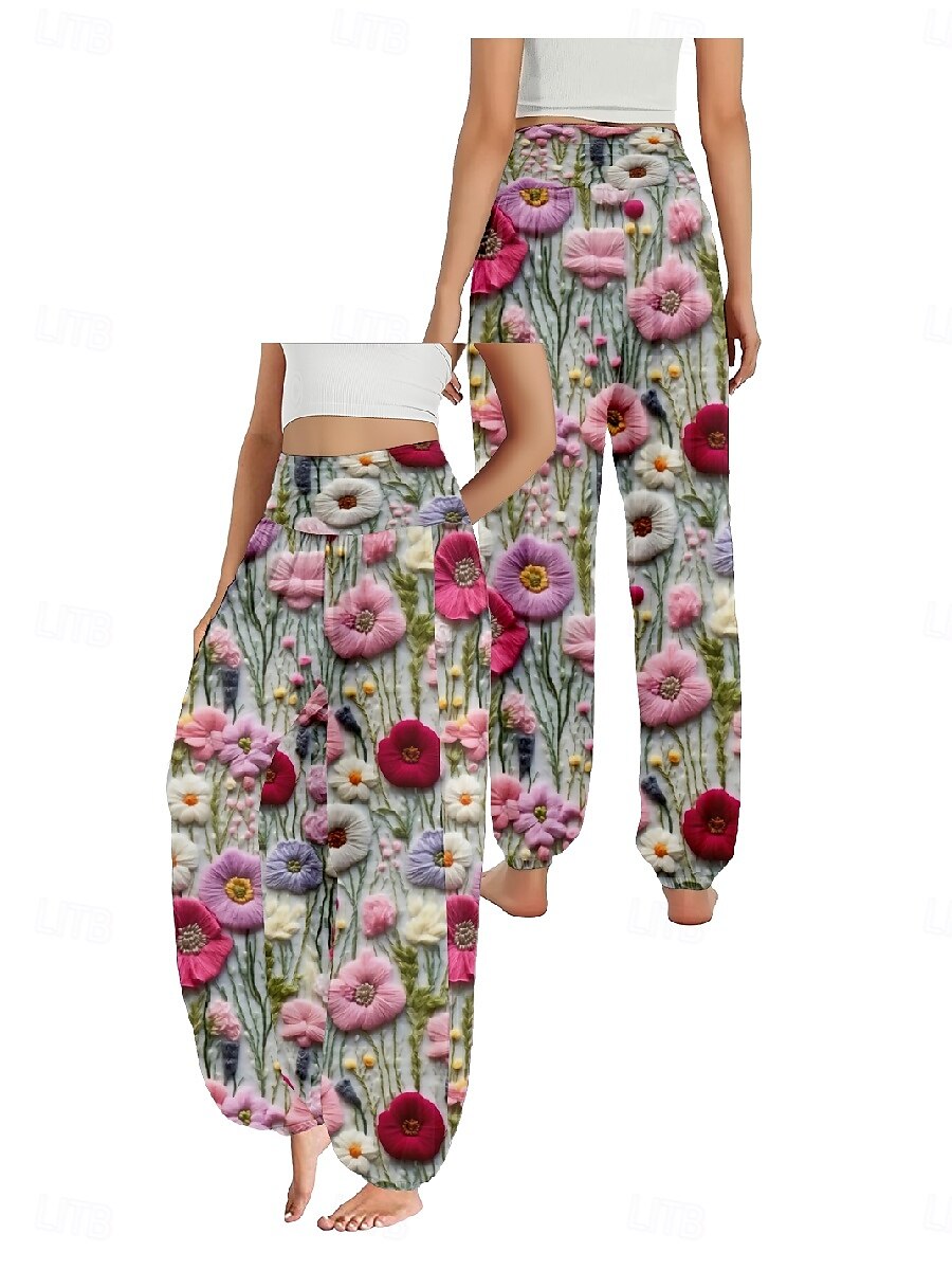 Femmes Pantalon inspiré du lin Jambe large Pantalons Style Ethnique Occasionnel Boho Longueur complète Taille haute Fleuri Avec Poches Taille Élastique Impression Respirabilité Doux Micro-Élastique de 2025 ? zł93.99 –P9