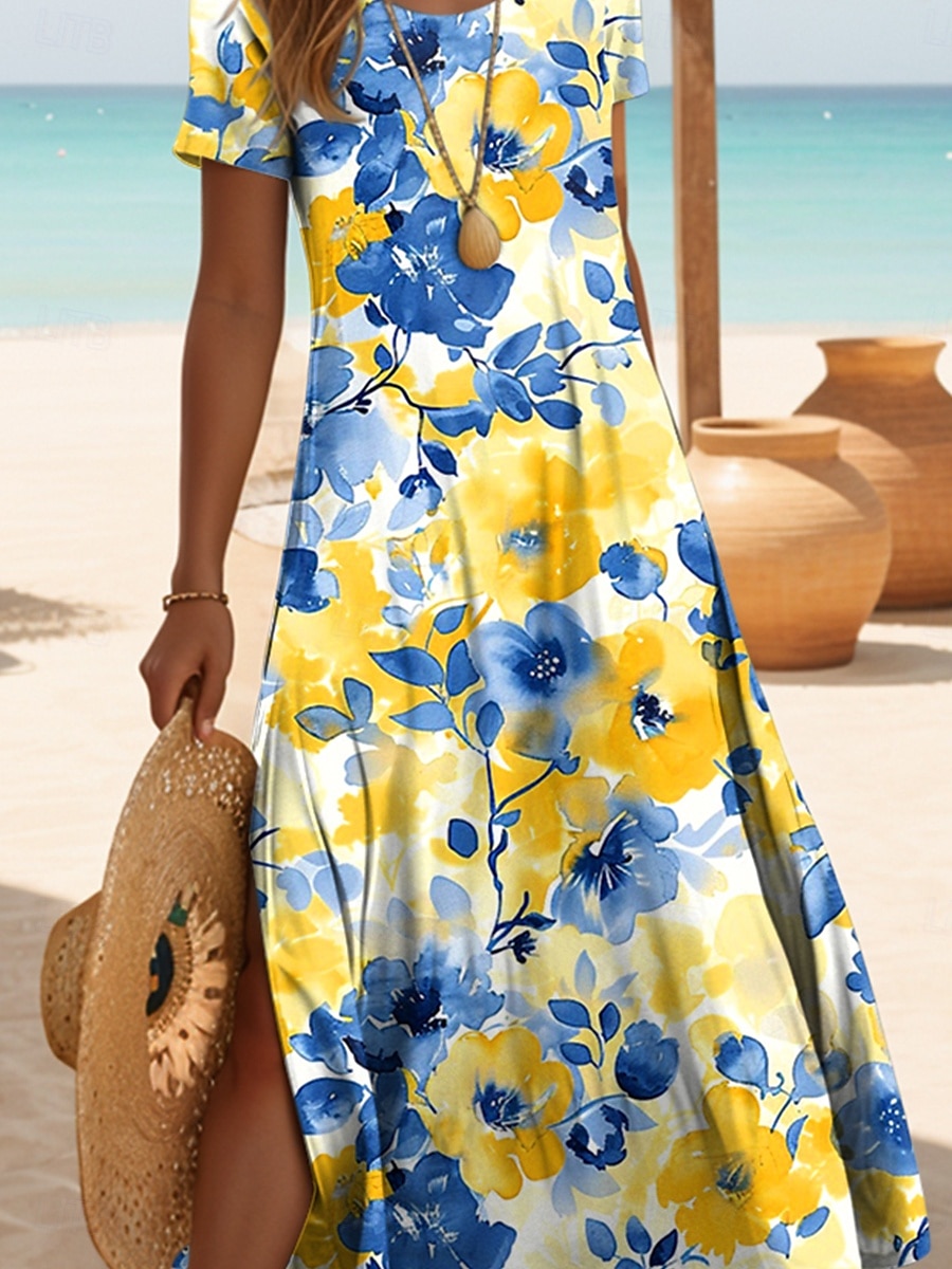 Damen Midikleid Sommerkleid A Linie Kleid Urlaub Lässig Strand Täglich Ausgehen Normale Passform Blumen Grafik Kurzarm Rundhalsausschnitt Gelb Rosa Blau Purpur Sommer 2025 - $27.99 –P3