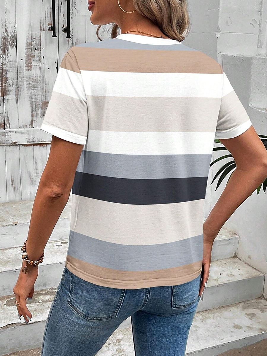 Damen T Shirt Druck Grafik Geometrisch Gestreift Vintage Stilvoll Klassisch Kurzarm Rundhalsausschnitt Rundhals Normale Oberteile Täglich Gras-Grün Khaki Sommer Frühling 2026 - $22.99 –P3