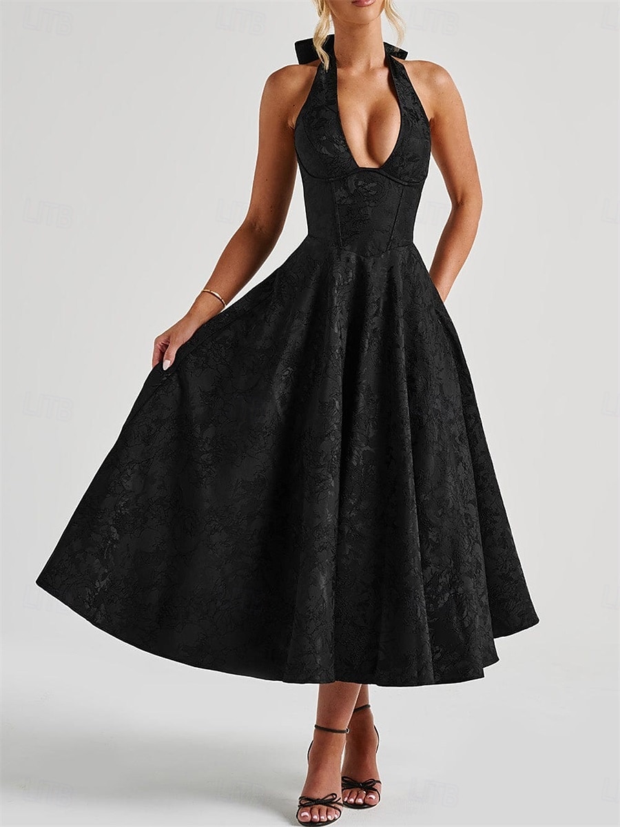 Rochie A-line Rochie Jacquard Rochie Semi-formală Rochie cocktail Lungime midi Fără mâneci Guler halter Fundiță Spate descoperit cu detaliu cu dantelă Rochie pentru invitați la nuntă 2025 - $79.99 –P10