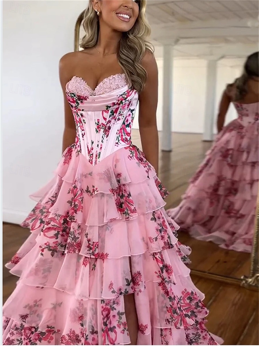 Robe de quinceanera en A robe de corset robe de mariage robe d'invitée longueur de sol sans manches sans bretelles tulle sans dos avec imprimé floral de 2025 ? $189.99 –P4