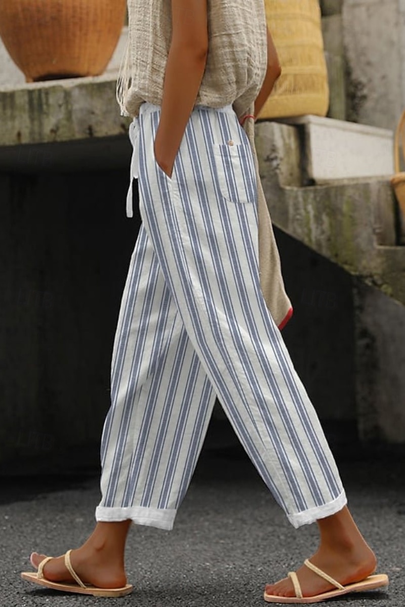 Per donna Pantaloni in cotone e lino Pantaloni Eleganti Moda Lunghezza intera Naturale Floreale Tasca Stampa Design con Coulisse Elastica Comodo All'aperto Confortevole All'aperto Vacanza Uscire Blu del 2025 a $31.99 –P5