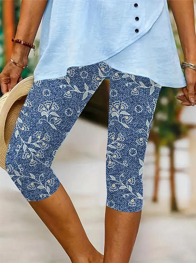 Dámské legíny capri kalhoty vysoké elasticity dovolená vintage móda délka do lýtek střední pas květinový grafický potisk prodyšné měkké dovolená volnočasové každodenní modrá barva robins egg černá 2025 - $18.99 –P10