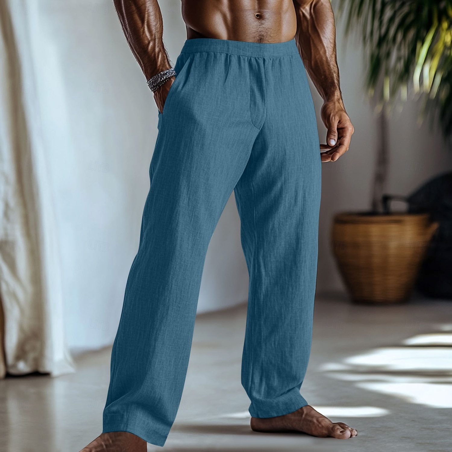 Men's Linen Pants Trousers Summer Pants Baggy Pants Elastic Waist Straight Leg Plain Comfort Breathable Full Length Daily Home Yoga Fashion Classic Style Light Green 2026 - $25.99 –P9