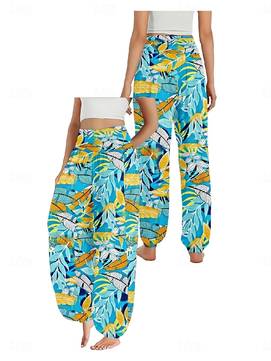 Dam Linneinspirerade byxor Brett skaft Byxor Etnisk Stil Ledigt Boho Fullängd Hög midja Blommig Löv Tropisk Ficka Elastisk midja Tryck Mateial som andas Mjuk Microelastisk Utomhus Yoga Svart Vit 2025 - $21.99 –P18