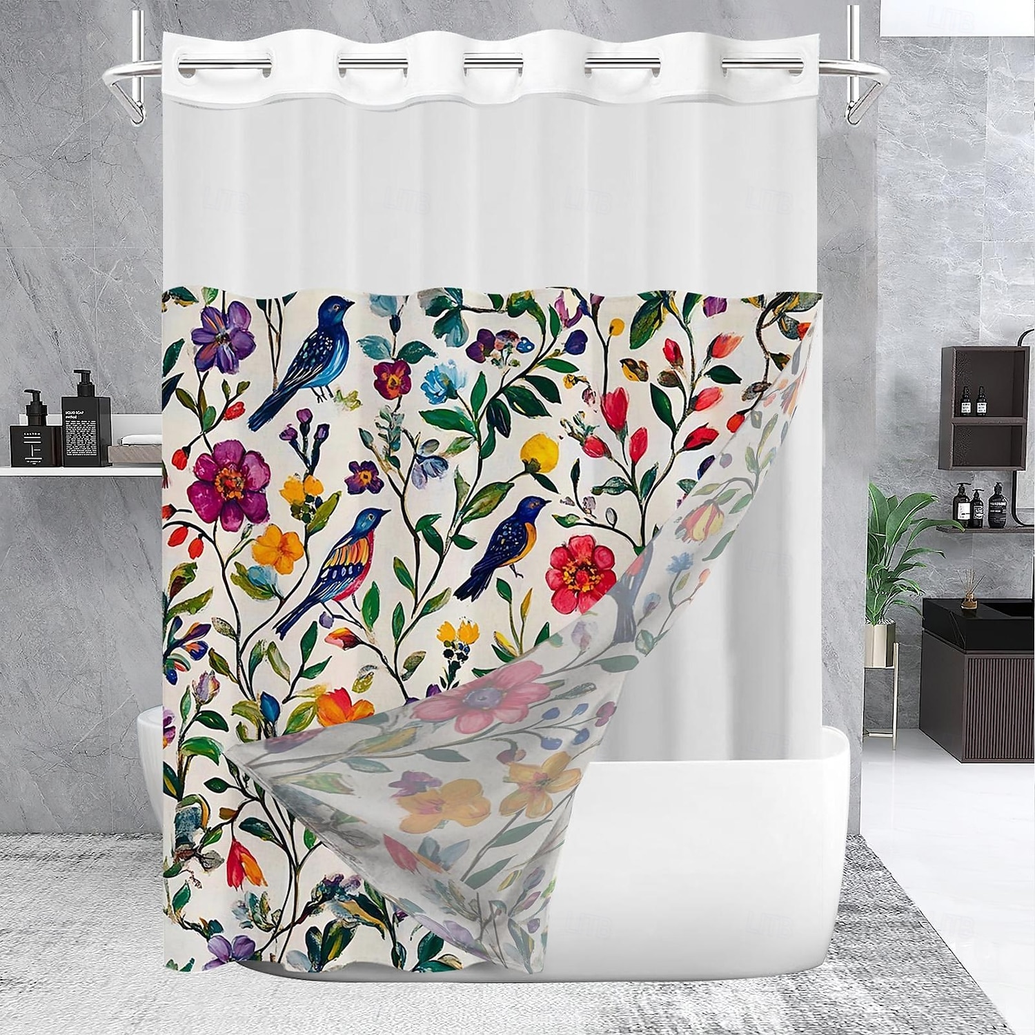 Κουρτίνα Ντους Χωρίς Γάντζους 180cm*180cm(70"*70") με Ενσωματωμένο Κέλυφος Πολυεστέρα Διαφανές Παράθυρο Αδιάβροχη Διπλή Κουρτίνα Μπάνιου με Λουλούδια και Πουλιά 2025 - $41.99 –P4