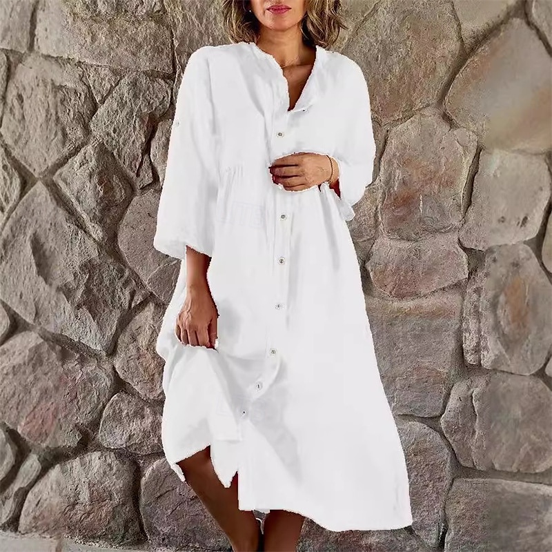 Damen Midikleid Baumwoll-Leinen-Kleider Freizeitkleid Mode Outdoor Party Ferien Normale Passform Einfach Dreiviertelarm V Ausschnitt Weiß Gelb Grau Sommer 2025 - $36.99 –P3