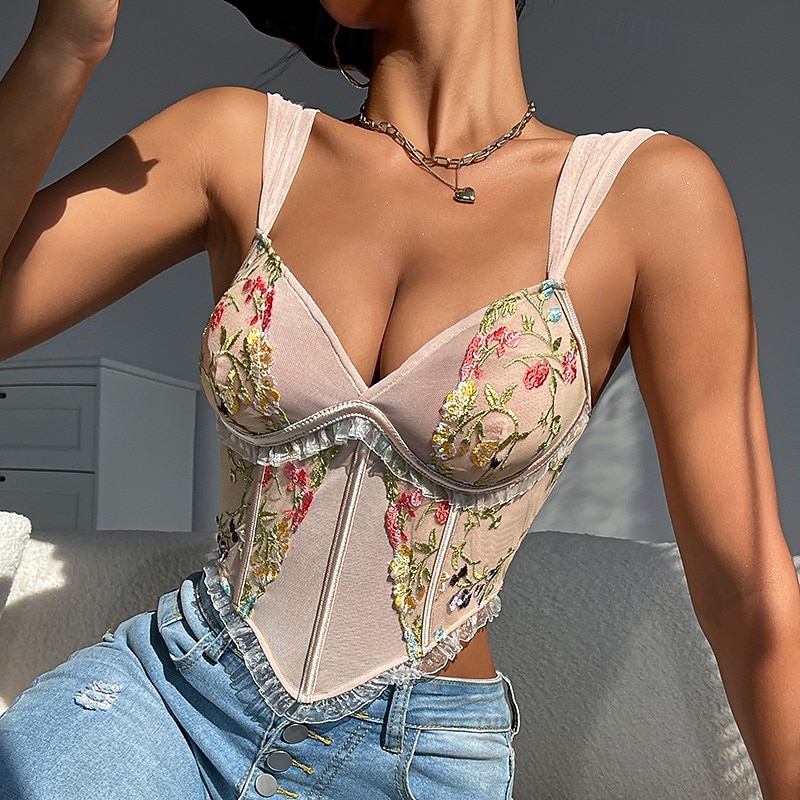 Slim Fit Corset Crop Top Bustier Embroidered Floral Fancy Dress Women's Halloween Carnival Event / Party Adults' Top Corset 2026 - $24.99 –P4