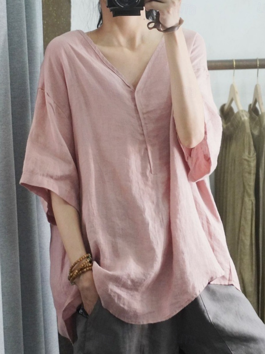 Women's Shirt Solid Color Basic Casual 3/4 Length Sleeve V Neck Regular Tops Daily Black White Pink Green Beige Summer 2025 - $16.99 –P6