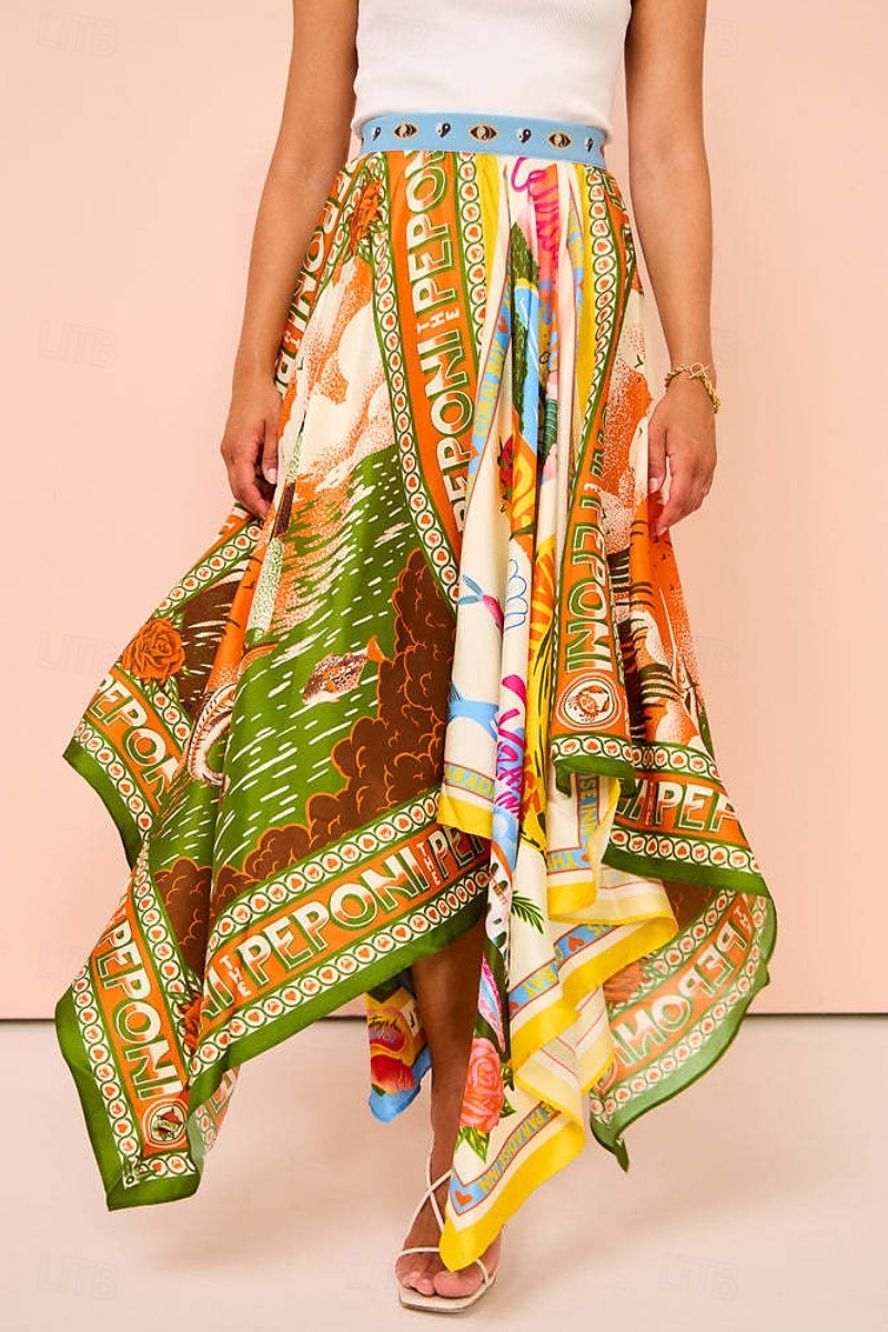 Damen Rock Lässig Boho Maxi Mittlere Hüfthöhe Röcke Blumen Druck Asymmetrischer Saum Mikroelastisch Straße Ausgehen Grün Sommer Polyester 2025 - $22.99 –P3