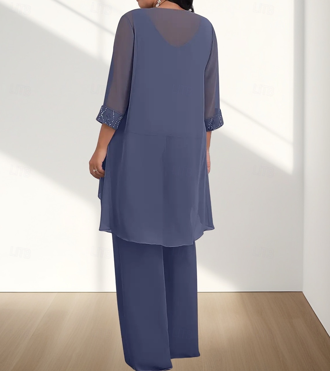 Jumpsuit  Buksedress 3 Delt Mor til bruden Kjole Bryllupsgjest Elegant Ledig Rund Utringning Gulvlengde Chiffon 3/4 Lengde Ermer med Perleapplikasjoner 2025 - $169.99 –P2