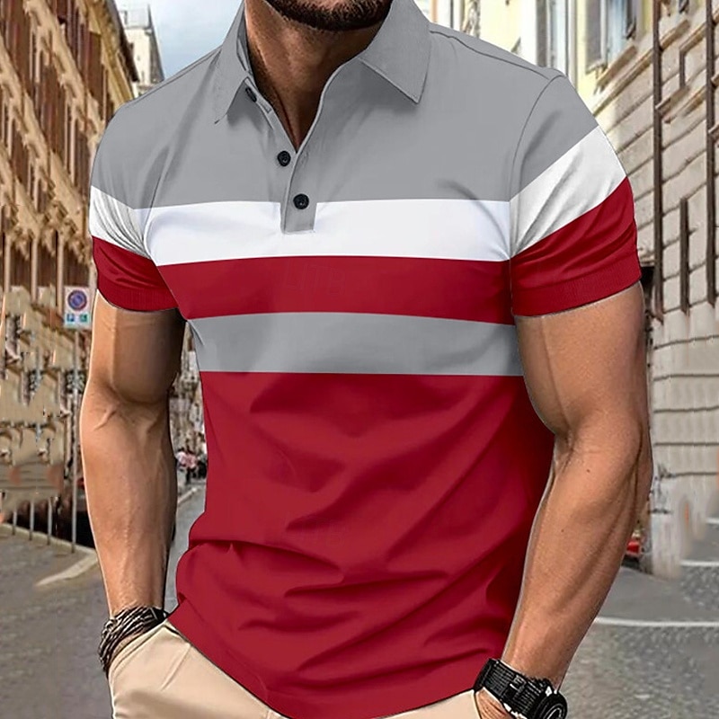 Multipack 3 par Herr Kavajslag Kort ärm Grå + röd + blå Knapp upp Polos Golftröja Golf pikétröjor Lappverk Färgblock Semester Dagliga kläder Polyester Sommar 2025 - $35.99 –P10