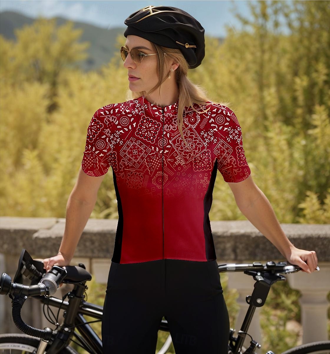 Damen Radtrikot Kurzarm Fahhrad Trikot Oberteil mit 3 Gesäßtaschen Atmungsaktiv Schnelltrocknend Feuchtigkeitsableitend Reflektierende Streifen Weinrot Sport Bekleidung 2025 - $23.19 –P1
