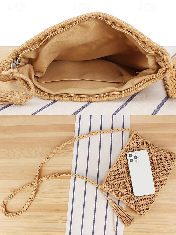 női kézzel szőtt boho crossbody táska – vintage makramé válltáska bojttal tengerparti nyaraláshoz és hétköznapi ruhákhoz szín fekete fehér rózsaszín 2025 - $14.99 –P9