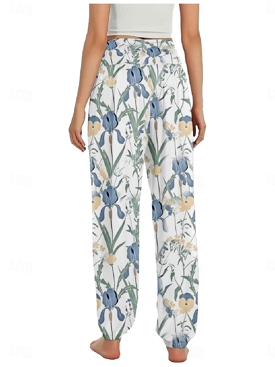 Dam Linneinspirerade byxor Brett skaft Byxor Etnisk Stil Ledigt Boho Fullängd Hög midja Blommig Löv Tropisk Ficka Elastisk midja Tryck Mateial som andas Mjuk Microelastisk Utomhus Yoga Svart Vit 2025 - $21.99 –P5