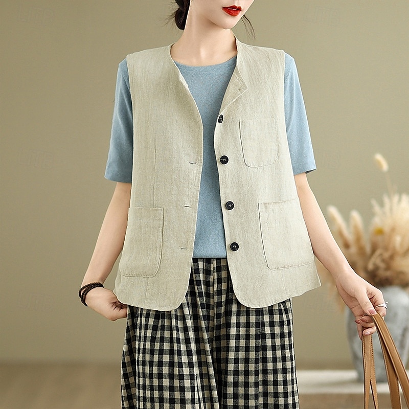 Femmes Chemises inspirées du lin Uni Actif Occasionnel Sans manches Col ras du cou Hauts Réguliers Quotidien Fête Sortir Boutons Avec Poches Noir Vert Abricot Été de 2025 ? $32.99 –P11
