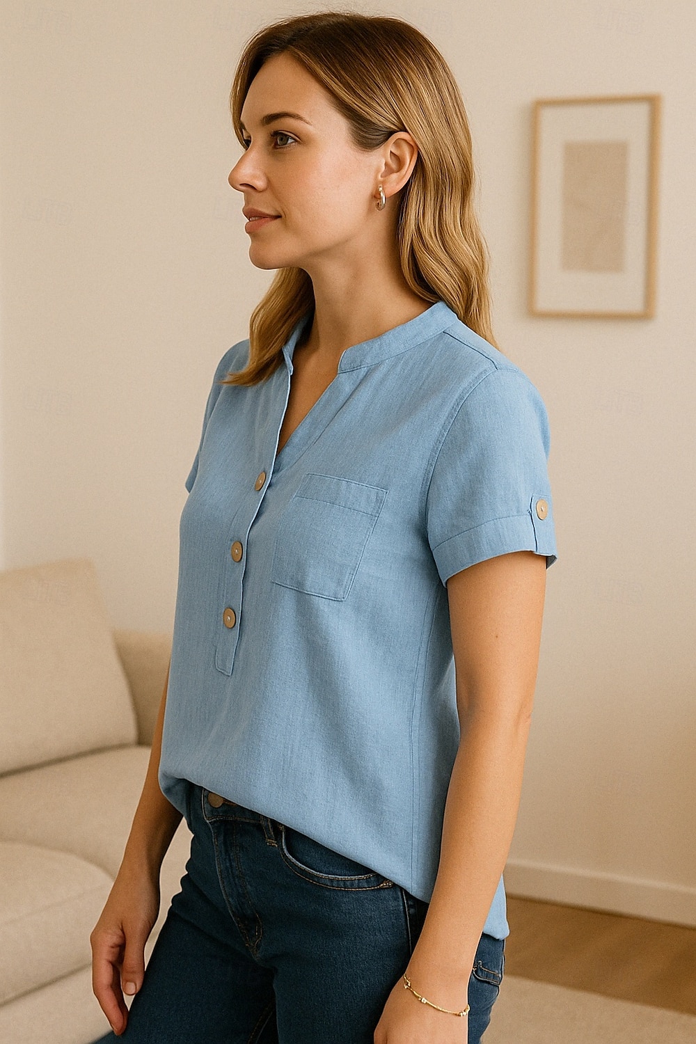Dames Knoop omhoog Katoenen linnen overhemd Effen Stijlvol Modern Korte mouw V-hals Normale tops Dagelijks Feestdagen Knop Rood blauw Zomer 2025 - $25.99 –P8