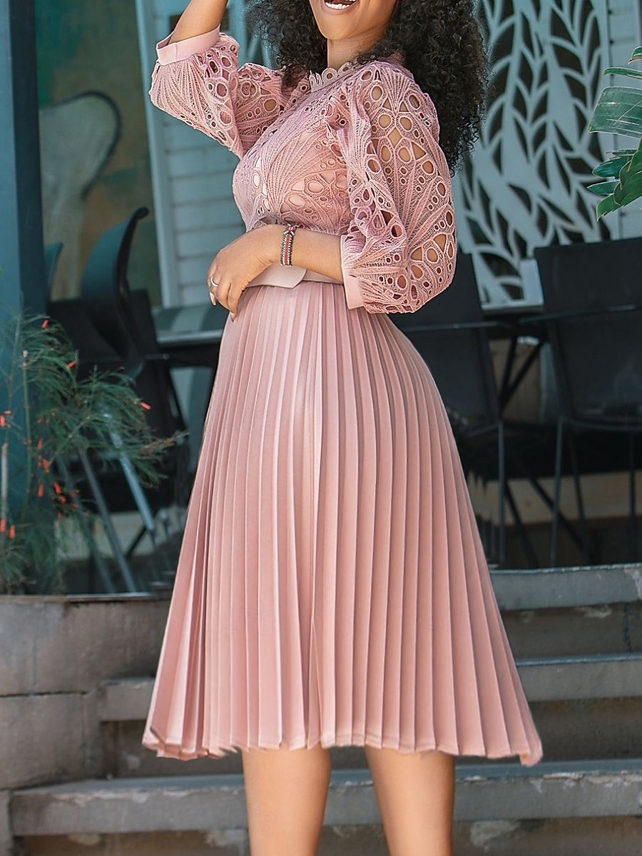 Femmes Robe Midi Robe trapèze Robe Plissée Fête cocktail Robes semi-formelles Soirée Coupe régulière Couleur Unie manche longue Col montant Noir Blanche Rose Claire Été Printemps de 2025 ? $51.99 –P10