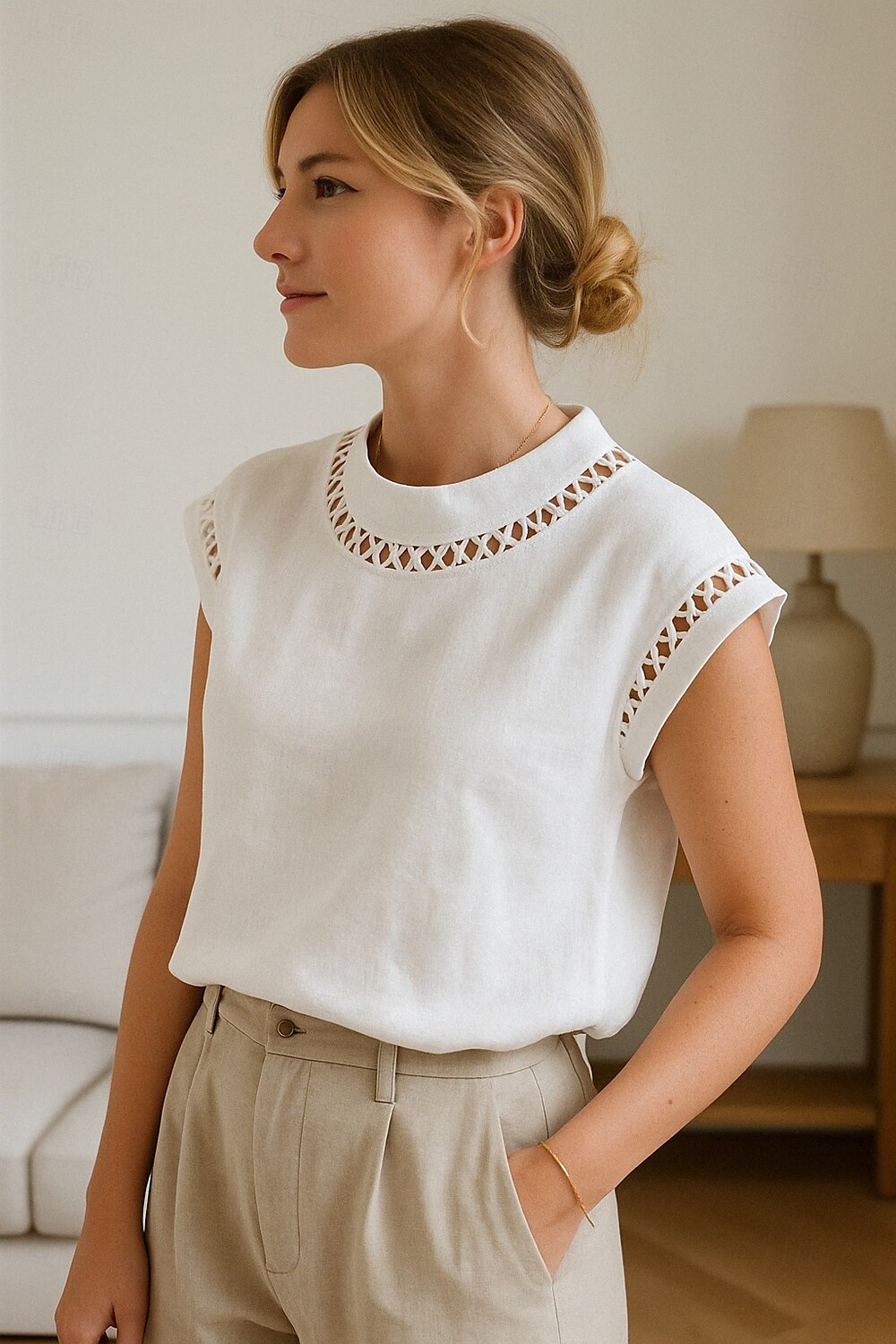 Damen Baumwoll-Leinen-Hemd Einfach Stilvoll Modern Kurzarm Rollkragen Normale Oberteile Täglich Ferien Lochmuster Weiß Sommer 2025 - $27.99 –P3