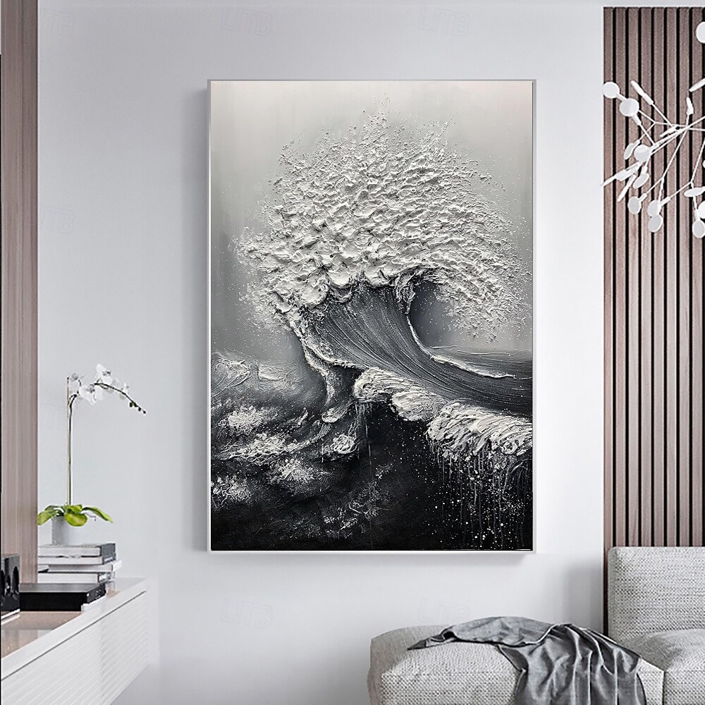 Peinture à l'huile faite à la main sur toile, décoration murale, couteau à palette 3D, paysage abstrait de vagues océaniques en noir et blanc pour la décoration intérieure, cadre tendu, peinture de 2025 ? $54.99 –P9