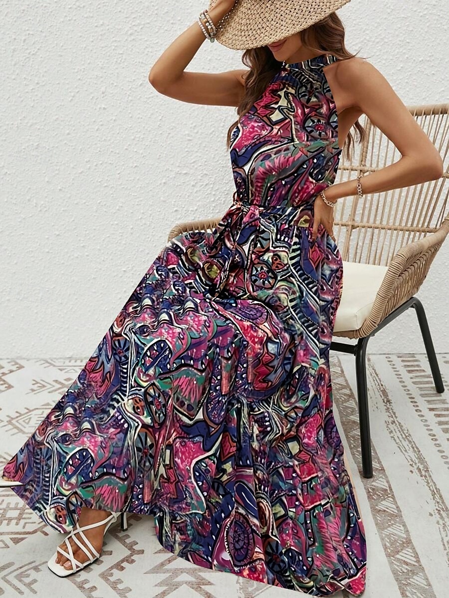 Dam Maxiklänning A linjeklänning Off Shoulder Klänning Semester Ledigt Boho Utomhus Utekväll Normal Grafisk Paisley Ärmlös Halterneck Blå Purpur Brun Aprikos Sommar 2025 - $29.99 –P13