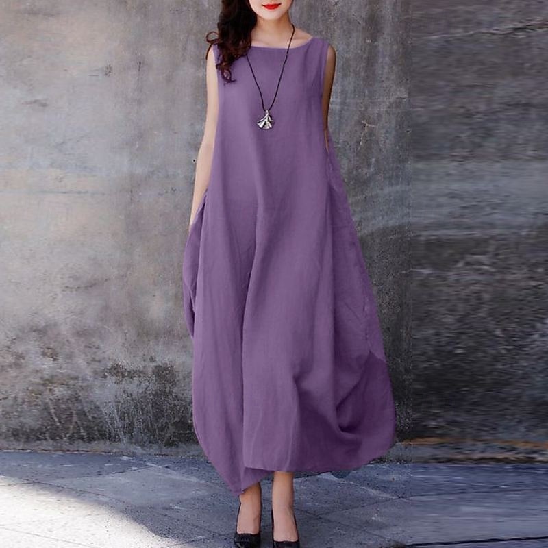 Femmes Robe Longue Maxi Robe Robes en coton et lin Robe Décontractée Mode Extérieur Soirée Fête Coupe régulière Uni Sans manches Col ras du cou Noir Blanche Violet Été de 2025 ? $36.99 –P3