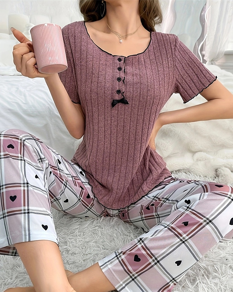 Dame Pyjamas Pyjamas Sett Varm Mote Fritid Gitter / Teppe Knapper T skjorte Bukse Hjem Daglig Seng Kortermet Crew-hals Lilla Sommer Vår Skreddersydd 2025 - $29.99 –P1